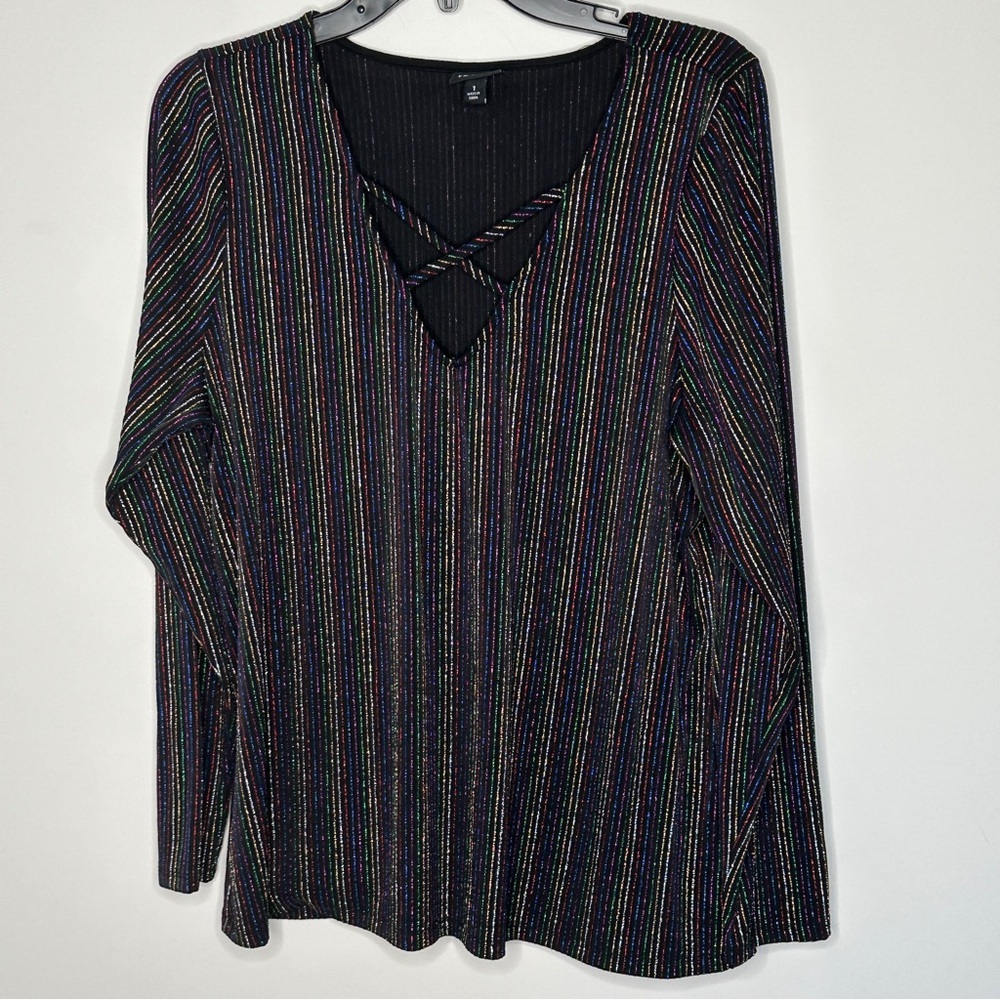 TORRID 1X Rainbow stripes 4K Lurex Metallic Rib knit Criss Cross‎ Top 14-16